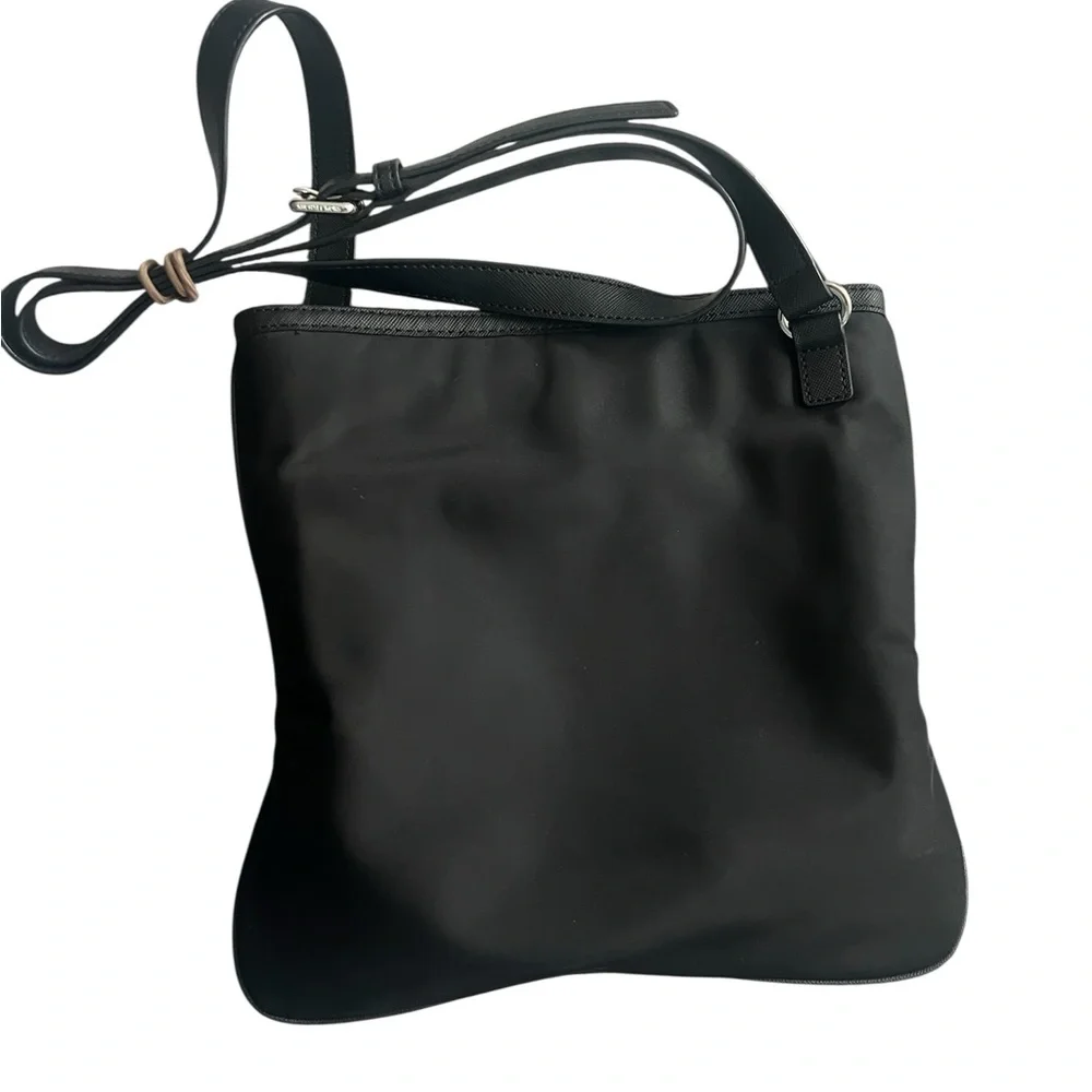 Michael Kors Black Nylon Crossbody Bag Saffiano Leather Trim Silver‎ Hardware